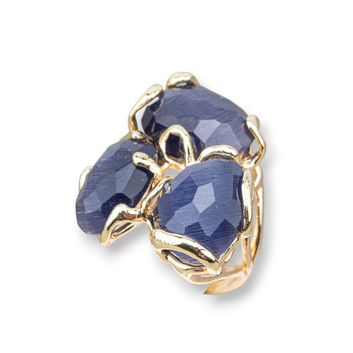 Anello Di Bronzo Con Occhio Di Gatto 32x36mm Misura Regolabile Dorato Blu Scuro