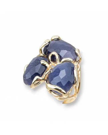 Anello Di Bronzo Collezione AURORA 32x36mm Con Occhio Di Gatto Misura Regolabile Dorato Blu Scuro-ANELLI BRONZO E OCCHIO DI GATTO | Worldofjewel.com