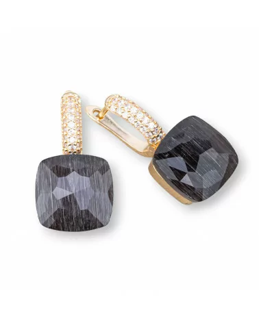 Orecchini A Monachella Chiusa Di Bronzo Con Occhio Di Gatto Taglio Cuscino Con Zirconi 13x26mm Nero Mogano-BRONZO CRYSTAL | Worldofjewel.com