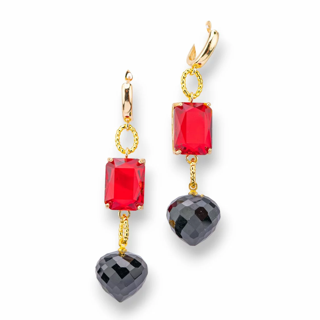 Orecchini A Perno Di Bronzo Con Crystal CZ 16x66mm Dorato Rosso Nero-ORECCHINI MADE WITH STYLE | Worldofjewel.com