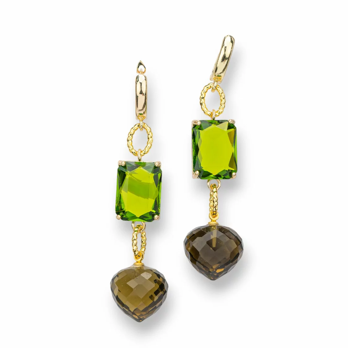 Orecchini A Perno Di Bronzo Con Crystal CZ 16x66mm Dorato Verde Fume'-ORECCHINI MADE WITH STYLE | Worldofjewel.com