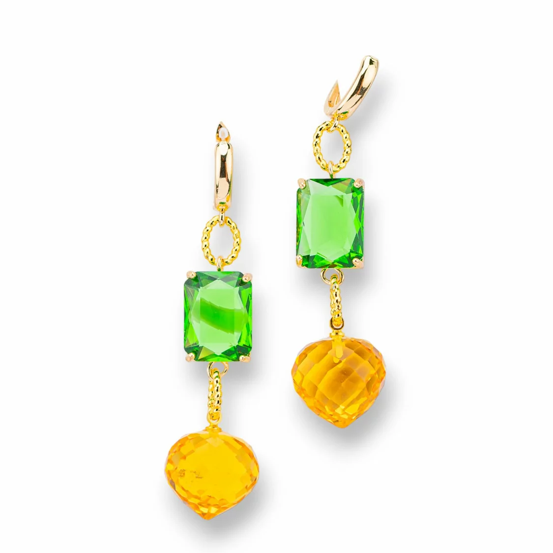 Orecchini A Perno Di Bronzo Con Crystal CZ 16x66mm Dorato Verde Giallo-ORECCHINI MADE WITH STYLE | Worldofjewel.com