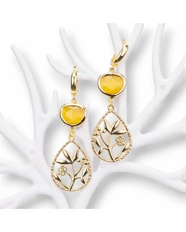 Orecchini Perno Di Bronzo Con Cabochon Di Occhio Di Gatto E Pendente A Goccia Con Fantasia Foglia Giallo Scuro-BRONZO CRYSTAL | Worldofjewel.com