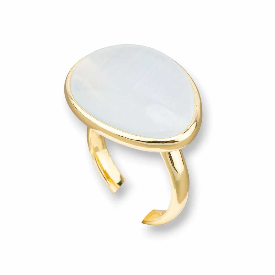 Anello Di Bronzo Con Occhio Di Gatto Incastonato Mango Liscio 18x26mm Dorato Bianco-ANELLI BRONZO E OCCHIO DI GATTO | Worldofjewel.com