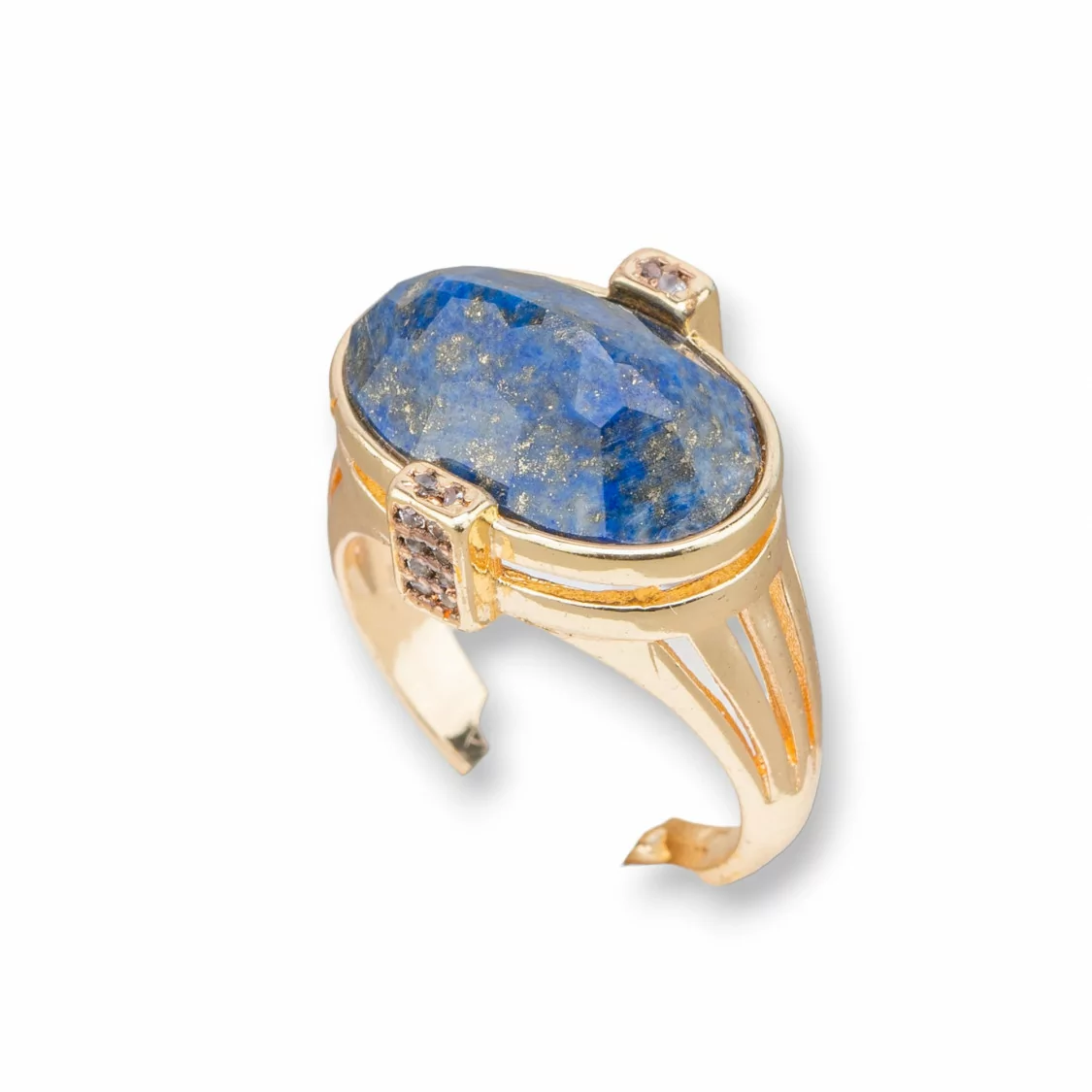 Anello Di Bronzo Con Pietre Dure E Zirconi Incastonati Ovale 18x18mm Misura Regolabile Dorato Lapislazzuli-ANELLI BRONZO CON PIETRE INCASTONATE | Worldofjewel.com