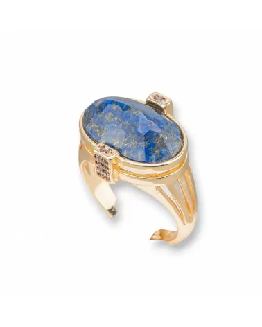 Anello Di Bronzo Con Pietre Dure E Zirconi Incastonati Ovale 18x18mm Misura Regolabile Dorato Lapislazzuli-ANELLI BRONZO CON PIETRE INCASTONATE | Worldofjewel.com