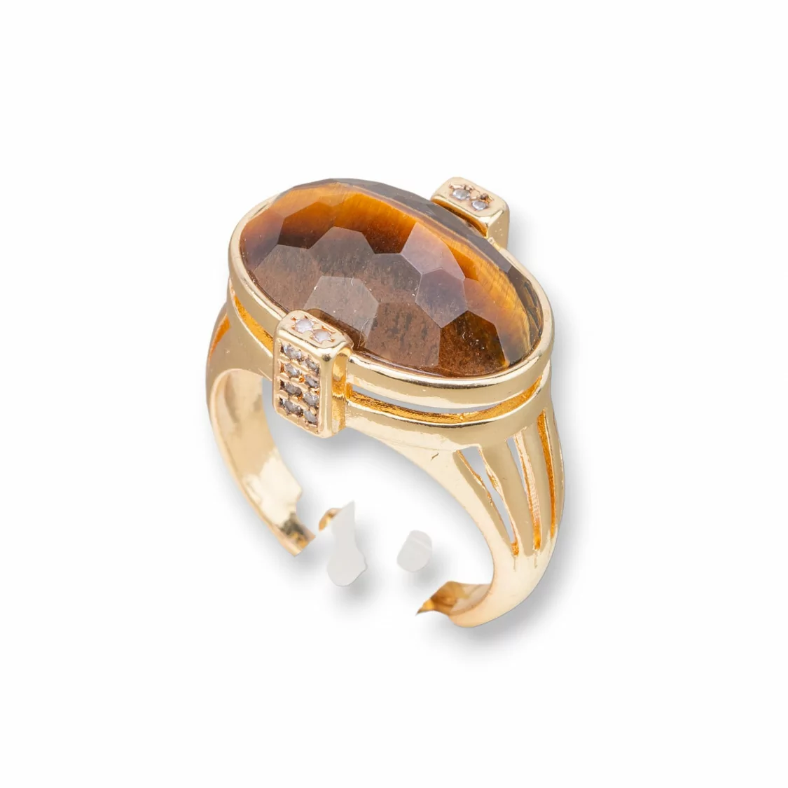 Anello Di Bronzo Con Pietre Dure E Zirconi Incastonati Ovale 18x18mm Misura Regolabile Dorato Occhio Di Tigre-ANELLI BRONZO CON PIETRE INCASTONATE | Worldofjewel.com