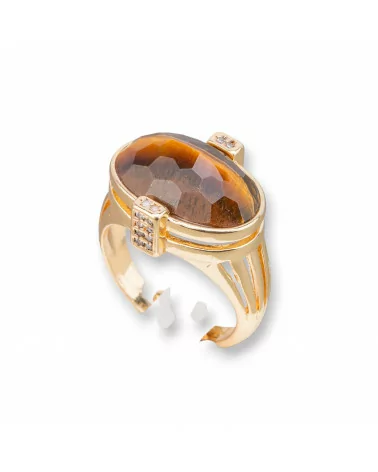 Anello Di Bronzo Con Pietre Dure E Zirconi Incastonati Ovale 18x18mm Misura Regolabile Dorato Occhio Di Tigre-ANELLI BRONZO CON PIETRE INCASTONATE | Worldofjewel.com