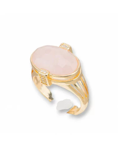 Anello Di Bronzo Con Pietre Dure E Zirconi Incastonati Ovale 18x18mm Misura Regolabile Dorato Quarzo Rosa-ANELLI BRONZO E OCCHIO DI GATTO | Worldofjewel.com