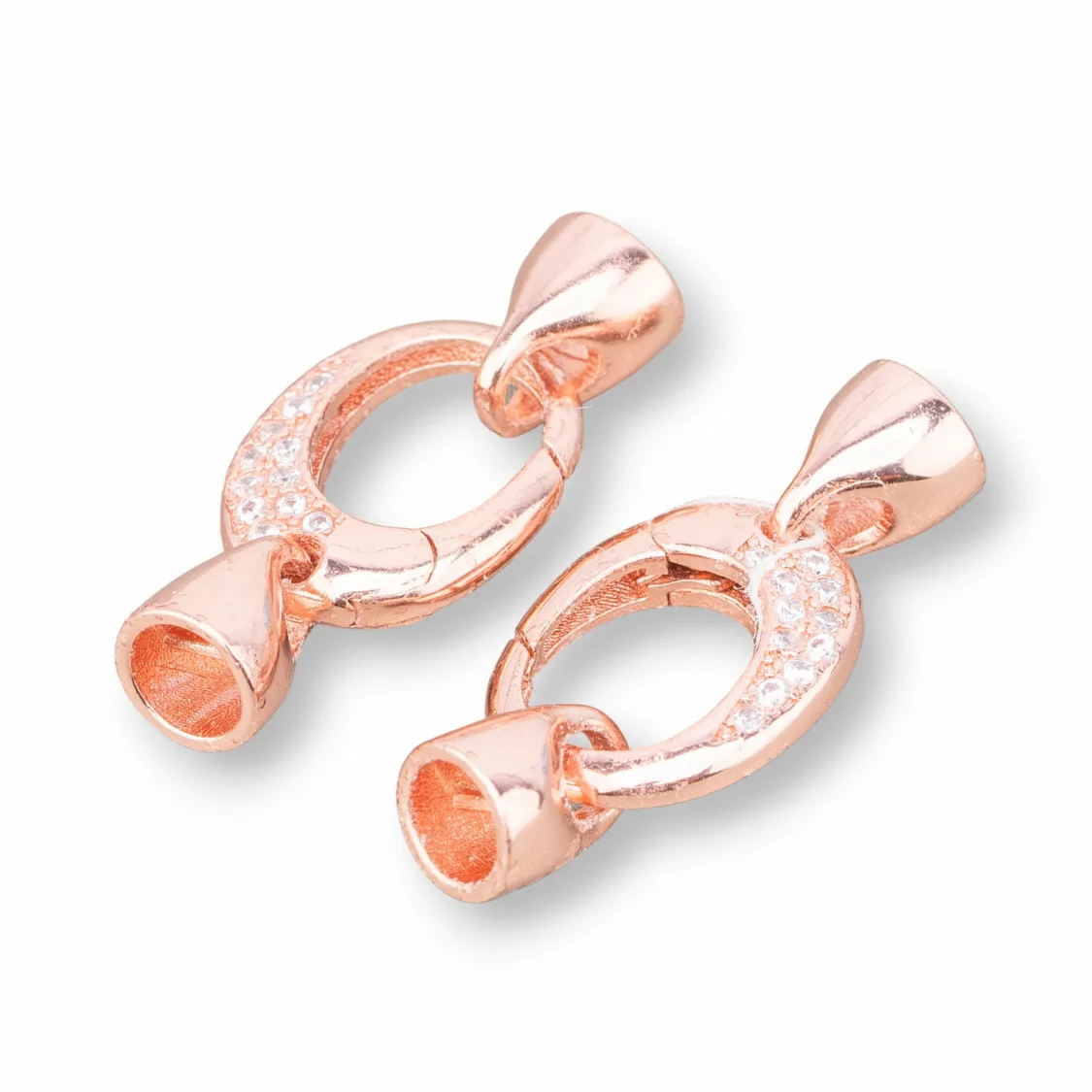 Chiusura A Scatto Di Argento 925 Con Zirconi 11x26mm Con Coppette Da 6mm 2pz Oro Rosa-CHIUSURE DI ARGENTO | Worldofjewel.com