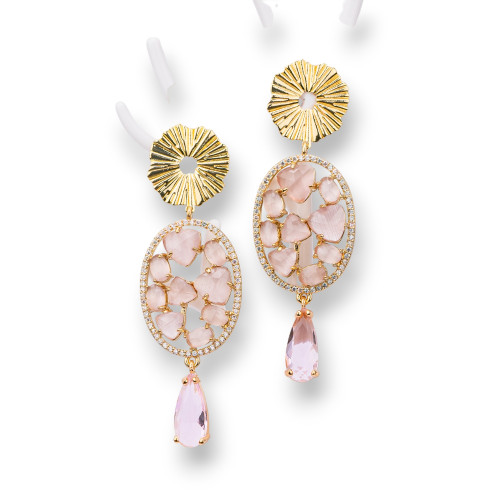 Boucles D'oreilles Puces En Bronze Avec Cabochon Oeil De Chat Et Zircons Et Gouttes De Poudre Rose