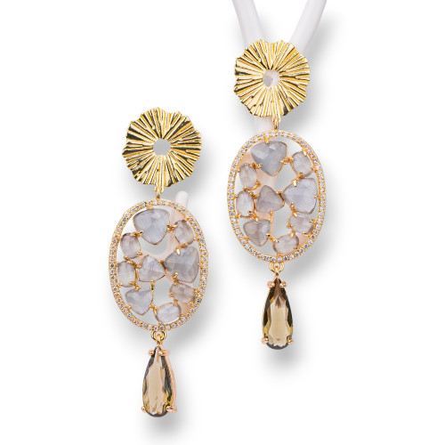 Boucles D'oreilles Puces En Bronze Avec Cabochon Oeil De Chat Et Zircons Et Gouttes Grises