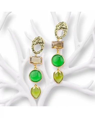 Orecchini Di Bronzo A Perno Con Cristalli E Occhio Di Gatto Verde Chiaro-BRONZO CRYSTAL | Worldofjewel.com