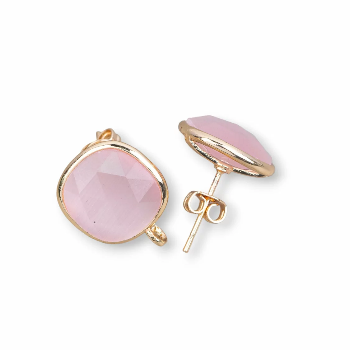 Base Per Orecchini Di Ottone A Perno Con Occhio Di Gatto Sfaccettato Quadrato 13mm 5 Paia Rosa-BASI CON PIETRE E PERLINE | Worldofjewel.com