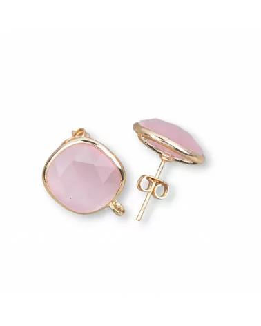 Base Per Orecchini Di Ottone A Perno Con Occhio Di Gatto Sfaccettato Quadrato 13mm 5 Paia Rosa-BASI CON PIETRE E PERLINE | Worldofjewel.com