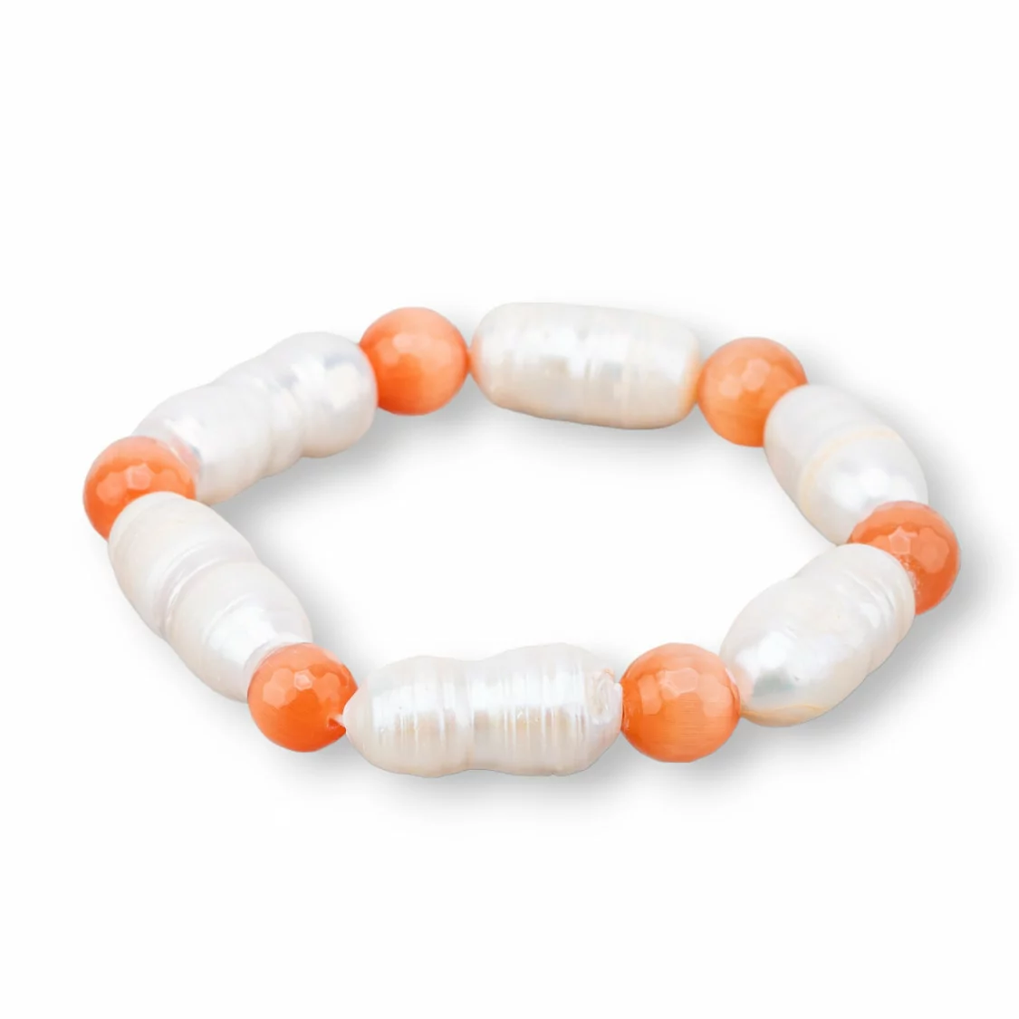 Bracciale Elastico Di Occhio Di Gatto 8mm Con Perle Di Fiume Arancio-BRACCIALI DI PIETRE E PERLE | Worldofjewel.com