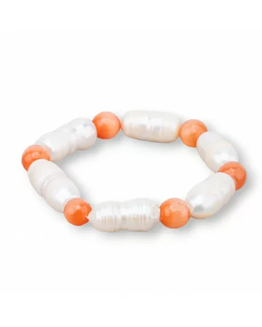 Bracciale Elastico Di Occhio Di Gatto 8mm Con Perle Di Fiume Arancio-BRACCIALI DI PIETRE E PERLE | Worldofjewel.com