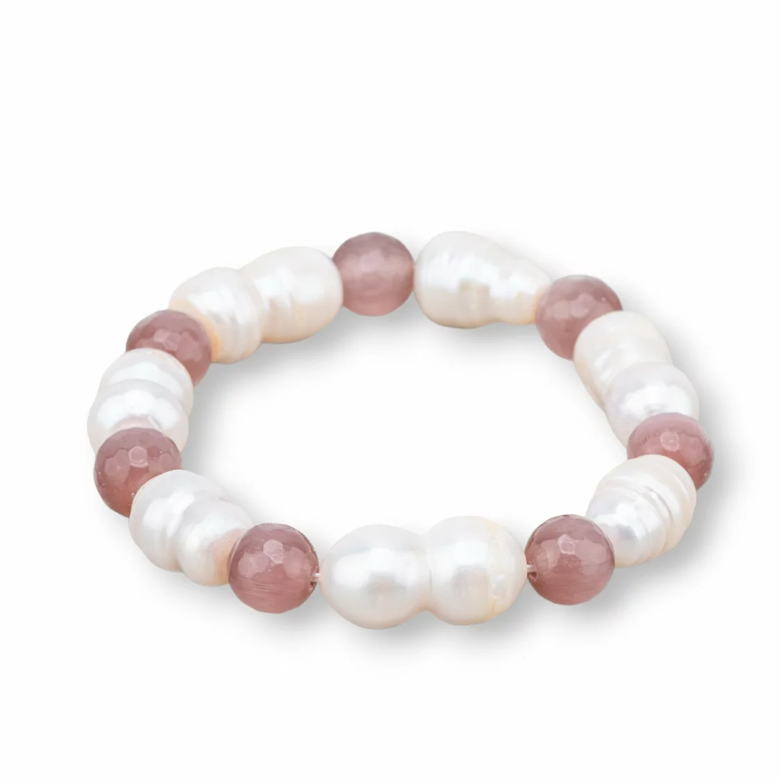 Bracciale Elastico Di Occhio Di Gatto 8mm Con Perle Di Fiume Cipria-BRACCIALI DI PIETRE E PERLE | Worldofjewel.com