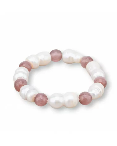 Bracciale Elastico Di Occhio Di Gatto 8mm Con Perle Di Fiume Cipria-BRACCIALI DI PIETRE E PERLE | Worldofjewel.com