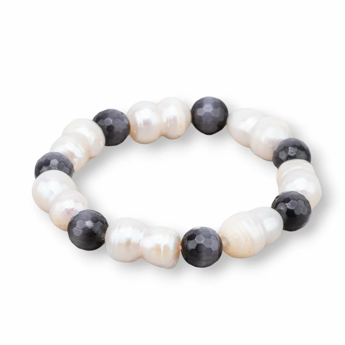 Bracciale Elastico Di Occhio Di Gatto 8mm Con Perle Di Fiume Grigio Scuro-BRACCIALI DI PIETRE E PERLE | Worldofjewel.com