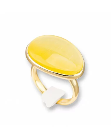 Anello Di Bronzo Con Occhio Di Gatto Incastonato Mango Liscio 18x26mm Dorato Giallo-ANELLI BRONZO E OCCHIO DI GATTO | Worldofjewel.com