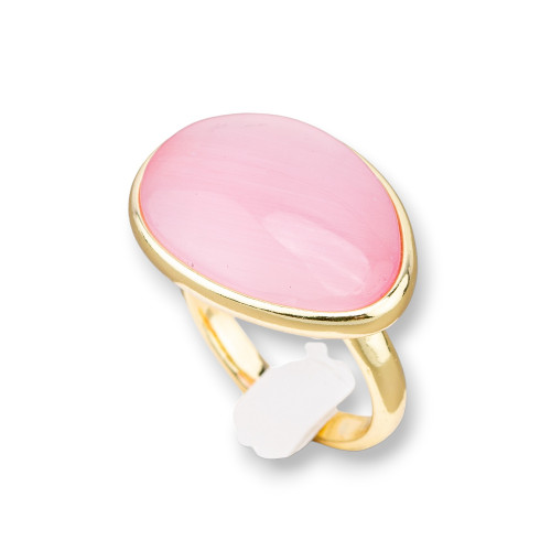 Anello Di Bronzo Con Occhio Di Gatto Incastonato Mango Liscio 18x26mm Dorato Rosa