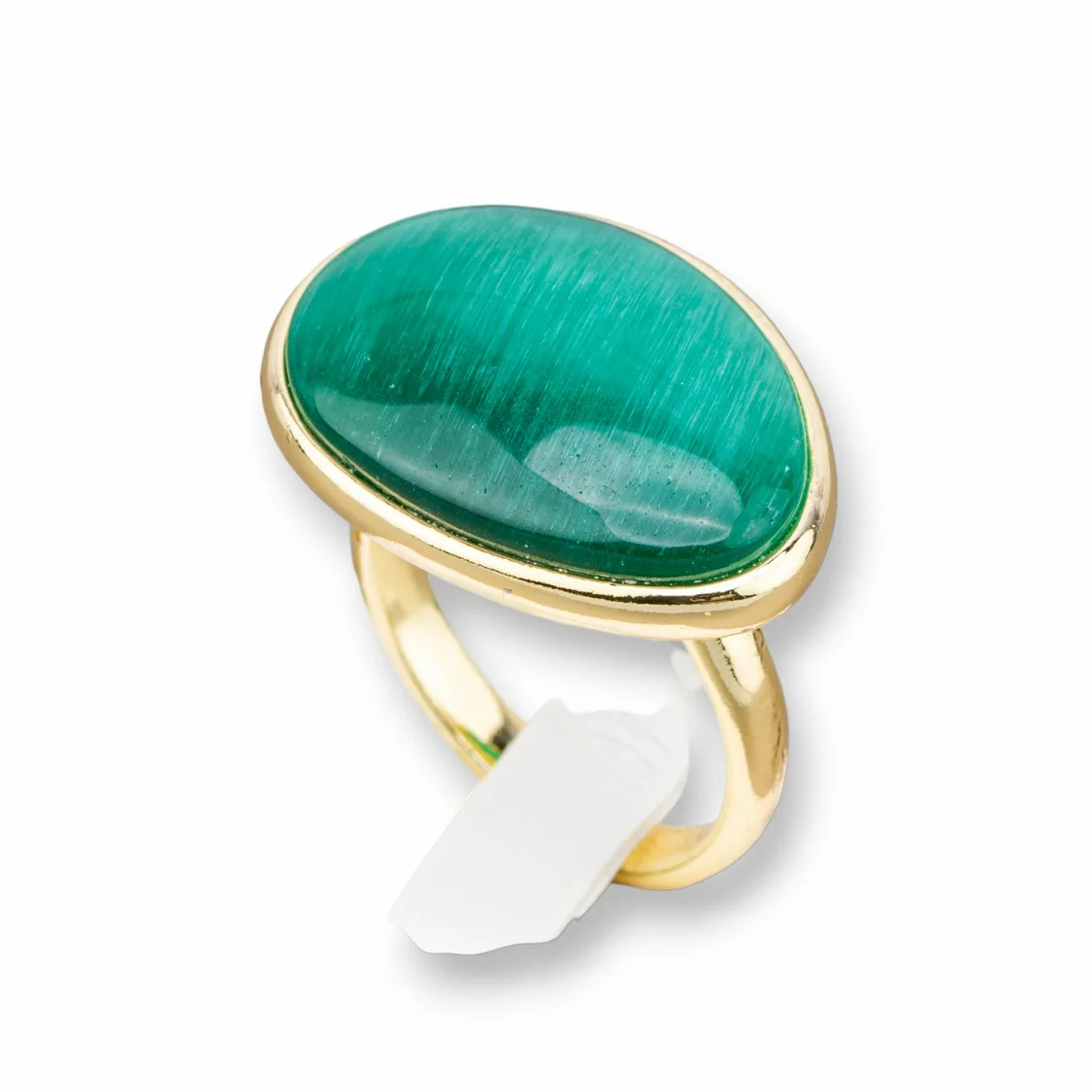 Anello Di Bronzo Con Occhio Di Gatto Incastonato Mango Liscio 18x26mm Dorato Verde Smeraldo-ANELLI BRONZO E OCCHIO DI GATTO | Worldofjewel.com