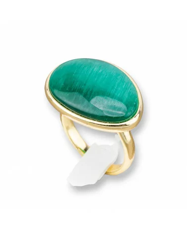 Anello Di Bronzo Con Occhio Di Gatto Incastonato Mango Liscio 18x26mm Dorato Verde Smeraldo-ANELLI BRONZO E OCCHIO DI GATTO | Worldofjewel.com