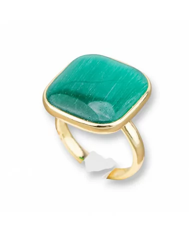 Anello Di Bronzo Con Occhio Di Gatto Incastonato Quadrato Liscio 22mm Dorato Dorato Verde Smeraldo-ANELLI BRONZO E OCCHIO DI GATTO | Worldofjewel.com