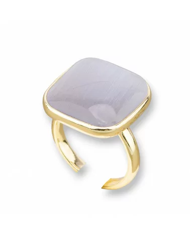 Anello Di Bronzo Con Occhio Di Gatto Incastonato Quadrato Liscio 22mm Dorato Grigio-ANELLI BRONZO E OCCHIO DI GATTO | Worldofjewel.com