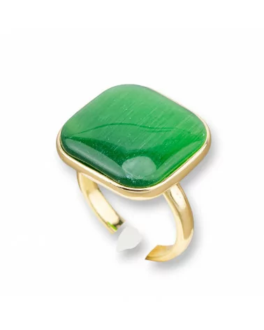 Anello Di Bronzo Con Occhio Di Gatto Incastonato Quadrato Liscio 22mm Dorato Verde Chiaro-ANELLI BRONZO E OCCHIO DI GATTO | Worldofjewel.com