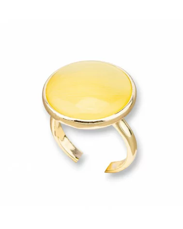 Anello Di Bronzo Con Occhio Di Gatto Incastonato Tondo Liscio 22mm Dorato Giallo-ANELLI BRONZO CON PIETRE INCASTONATE | Worldofjewel.com