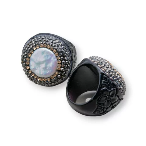 Anello Di Resina Con Strass Marcasite 30mm E Perle Barocche Nero-ANELLI BIJOUX | Worldofjewel.com