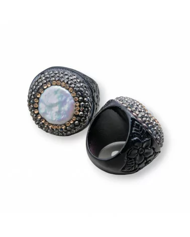 Anello Di Resina Con Strass Marcasite 30mm E Perle Barocche Nero-ANELLI BIJOUX | Worldofjewel.com