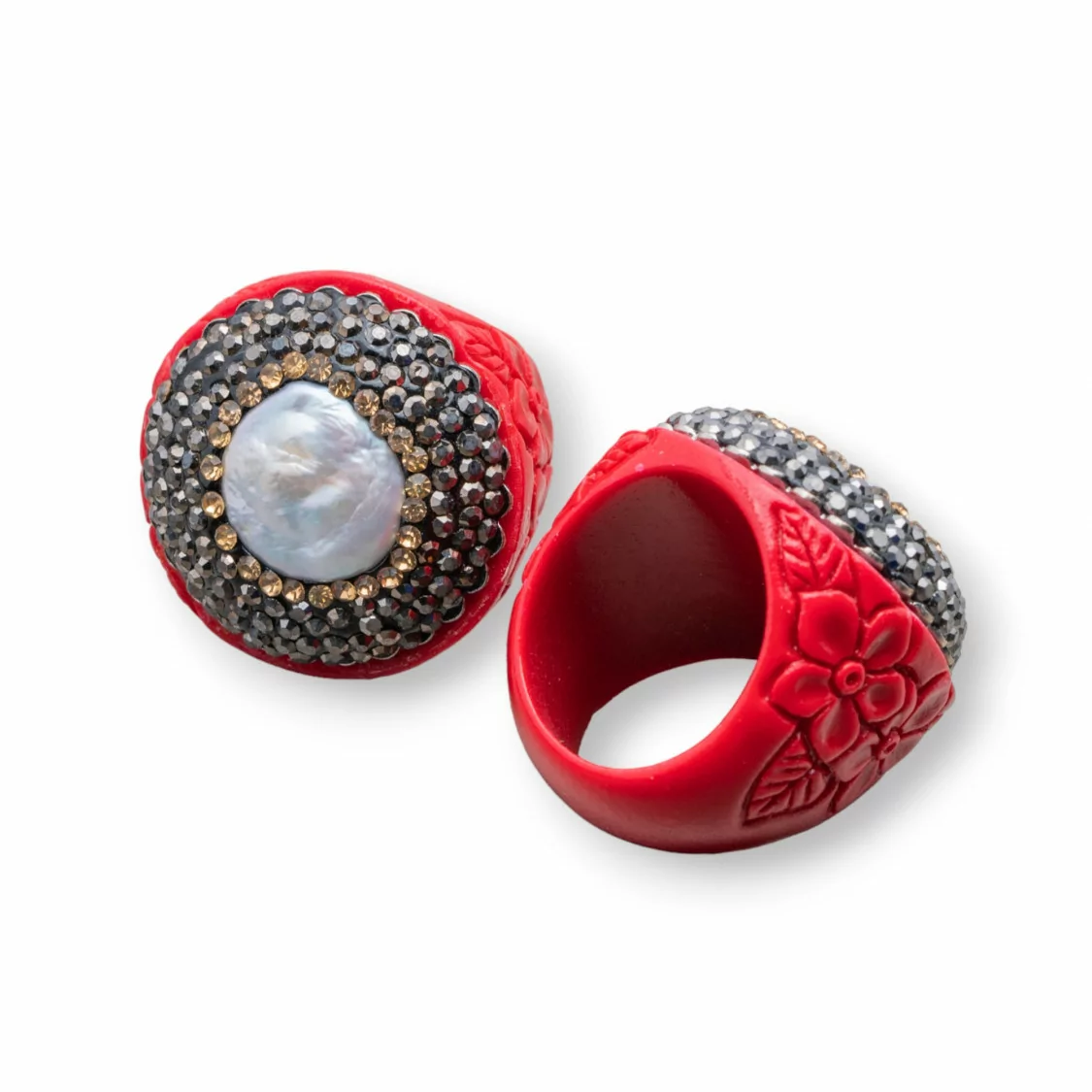 Anello Di Resina Con Strass Marcasite 30mm E Perle Barocche Rosso-ANELLI BIJOUX | Worldofjewel.com