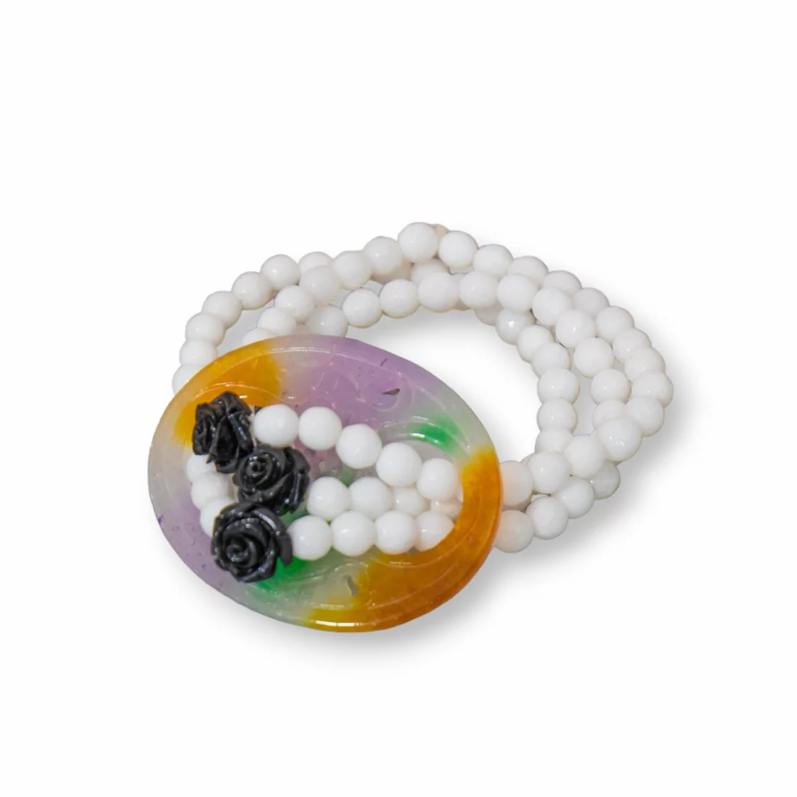 Bracciale Elastico A 3 Fili Di Pietre Dure Con Giada Burma E Rose In Resina Bianco-BRACCIALI DI PIETRE DURE | Worldofjewel.com