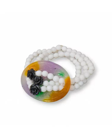 Bracciale Elastico A 3 Fili Di Pietre Dure Con Giada Burma E Rose In Resina Bianco-BRACCIALI DI PIETRE DURE | Worldofjewel.com