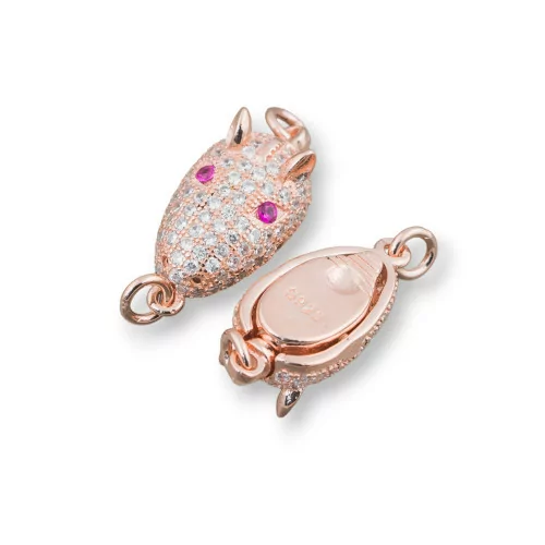 Chiusura Di Argento 925 Con Zirconi Micropave Testa Di Armadillo 8,5x14mm 2pz Oro Rosa Con Ochhio Rosso-CHIUSURE DI ARGENTO | Worldofjewel.com