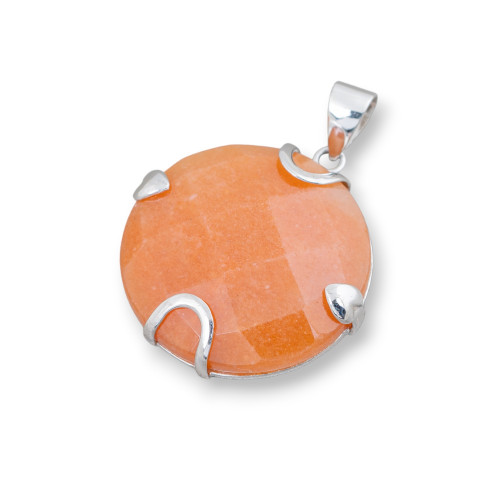 Pendentif Argent 925 et Pierres Semi-précieuses Rond Plat Facetté 30mm - Aventurine Rouge (Éosite)