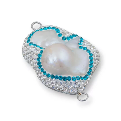 Componente Cabochon Di Perle Di Fiume Barocche Con Strass E Ottone Forma Irregolare 30x48mm 1pz Bianco E Azzurro-COMPONENTI DI PIETRE DURE | Worldofjewel.com