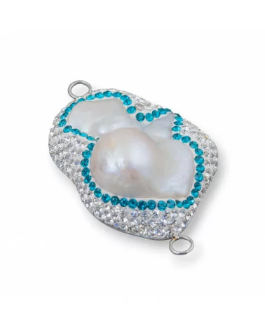 Componente Cabochon Di Perle Di Fiume Barocche Con Strass E Ottone Forma Irregolare 30x48mm 1pz Bianco E Azzurro-COMPONENTI DI PIETRE DURE | Worldofjewel.com