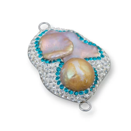 Componente Cabochon Di Perle Di Fiume Barocche Con Strass E Ottone Forma Irregolare 30x48mm 1pz Bianco E Azzurro Con Perle Lill-COMPONENTI DI PIETRE DURE | Worldofjewel.com