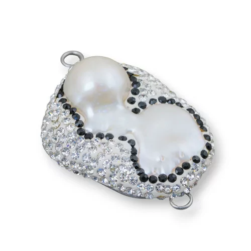 Componente Cabochon Di Perle Di Fiume Barocche Con Strass E Ottone Forma Irregolare 30x48mm 1pz Bianco E Nero-COMPONENTI DI PIETRE DURE | Worldofjewel.com