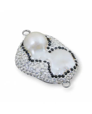 Componente Cabochon Di Perle Di Fiume Barocche Con Strass E Ottone Forma Irregolare 30x48mm 1pz Bianco E Nero-COMPONENTI DI PIETRE DURE | Worldofjewel.com