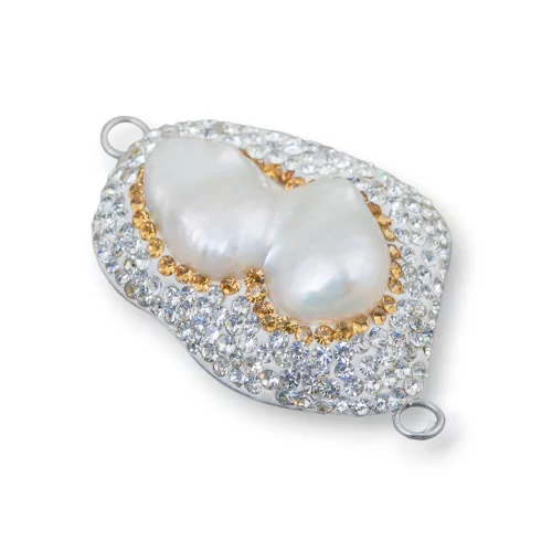 Componente Cabochon Di Perle Di Fiume Barocche Con Strass E Ottone Forma Irregolare 30x48mm 1pz Bianco E Oro-COMPONENTI DI PIETRE DURE | Worldofjewel.com