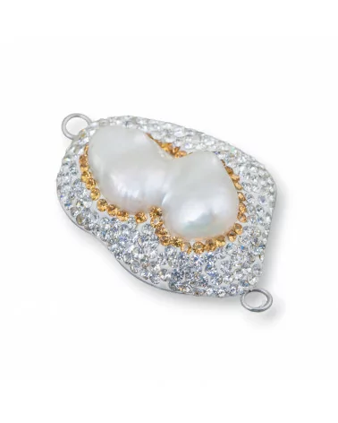 Componente Cabochon Di Perle Di Fiume Barocche Con Strass E Ottone Forma Irregolare 30x48mm 1pz Bianco E Oro-COMPONENTI DI PIETRE DURE | Worldofjewel.com