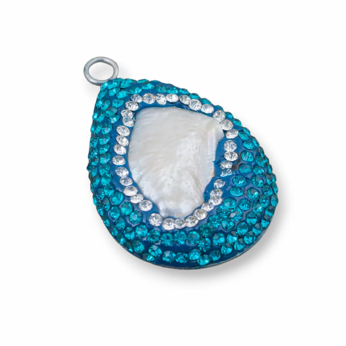 Componente Cabochon Di Perle Di Fiume Barocche Con Strass E Ottone Forma Irregolare 30x48mm 1pz Blu E Bianco-COMPONENTI DI PIETRE DURE | Worldofjewel.com