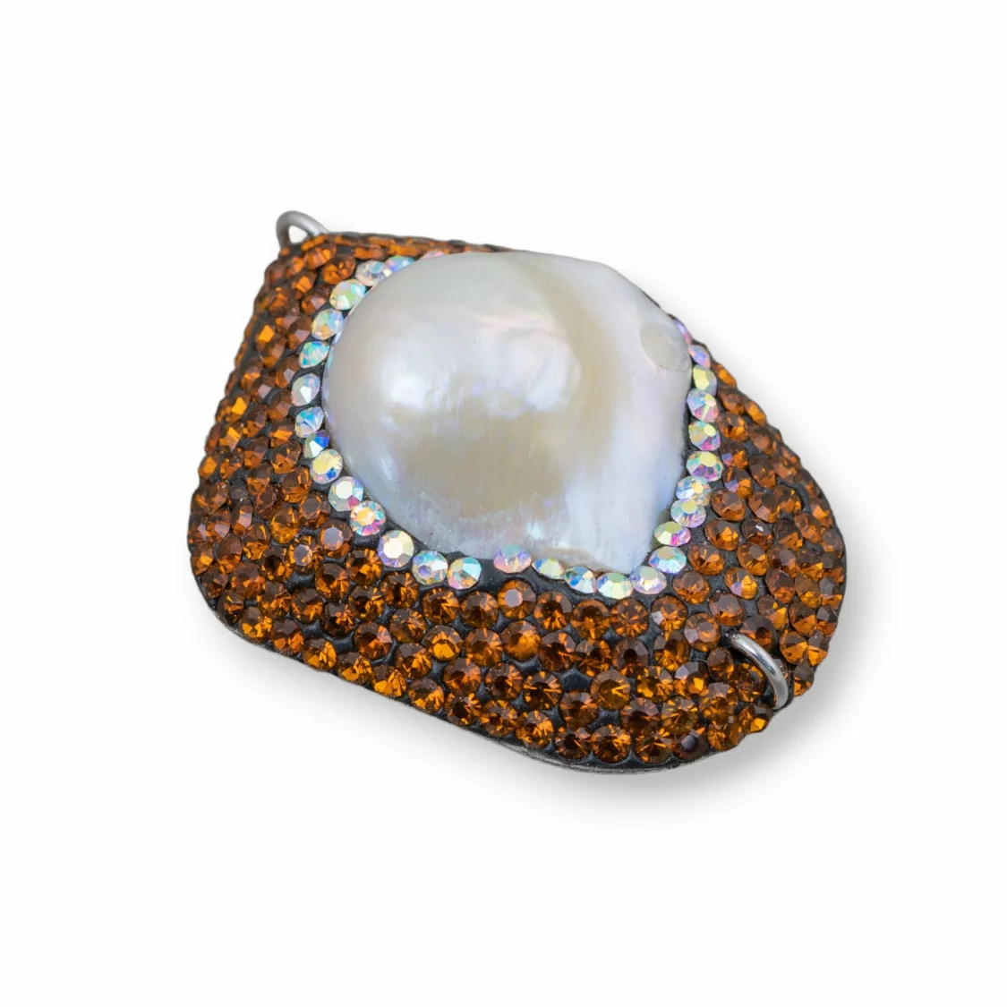 Componente Cabochon Di Perle Di Fiume Barocche Con Strass E Ottone Forma Irregolare 30x48mm 1pz Marrone E Bianco-COMPONENTI DI PIETRE DURE | Worldofjewel.com