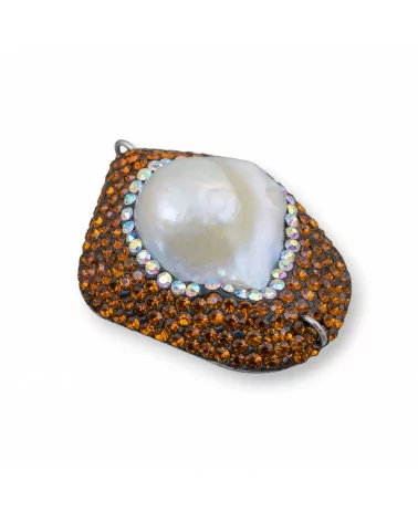 Componente Cabochon Di Perle Di Fiume Barocche Con Strass E Ottone Forma Irregolare 30x48mm 1pz Marrone E Bianco-COMPONENTI DI PIETRE DURE | Worldofjewel.com