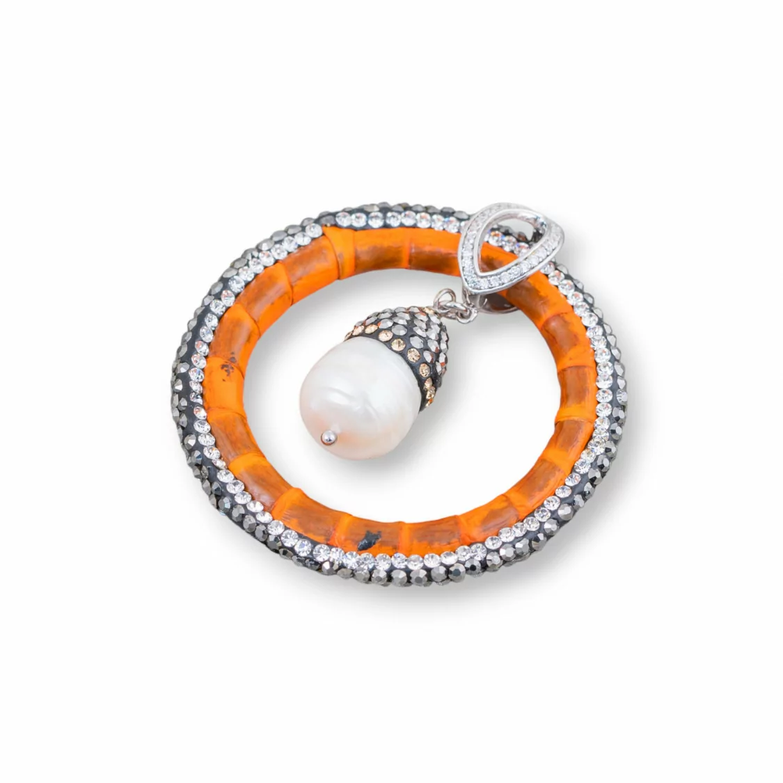 Componente Intramezzo Di SimilPelle Di Perle Di Fiume Con Marcasite Strass 45mm Arancio-COMPONENTI DI SIMILPELLE | Worldofjewel.com